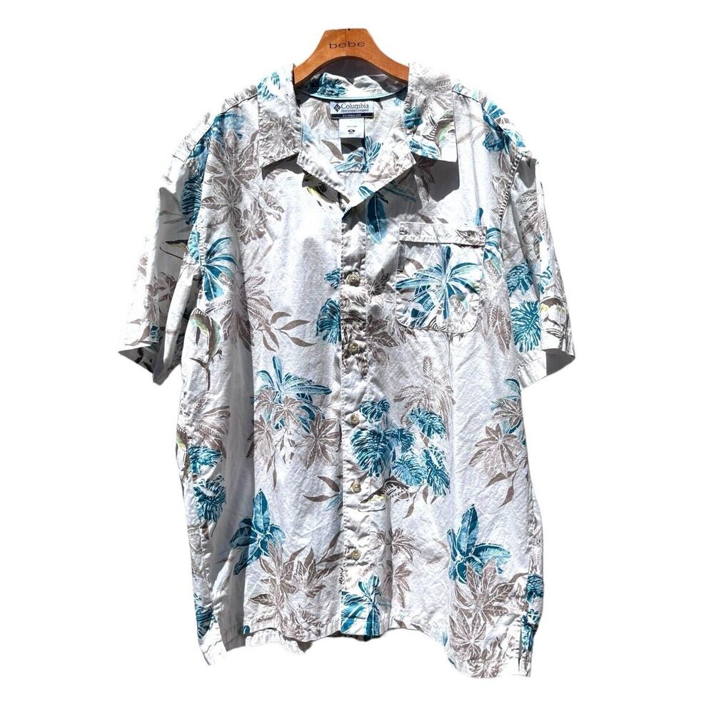 Columbia Men’s Hawaiian Tropical‎ Shirt Sz XL Teal Tan Gray Floral Short Sleeve